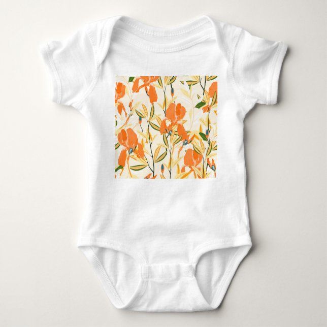 Orange irises: seamless floral pattern baby bodysuit (Front)