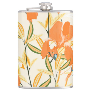 Orange irises: seamless floral pattern hip flask