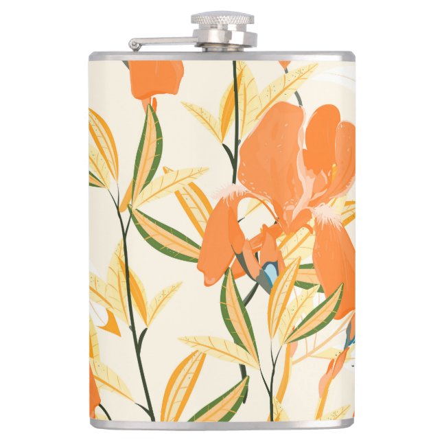 Orange irises: seamless floral pattern hip flask (Front)