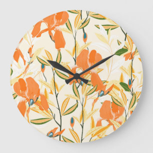 Orange irises: seamless floral pattern large clock