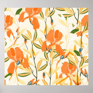 Orange irises: seamless floral pattern poster