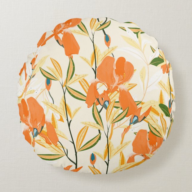 Orange irises: seamless floral pattern round cushion (Front)