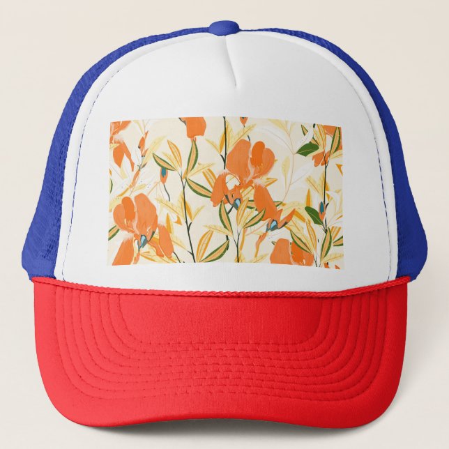 Orange irises: seamless floral pattern trucker hat (Front)