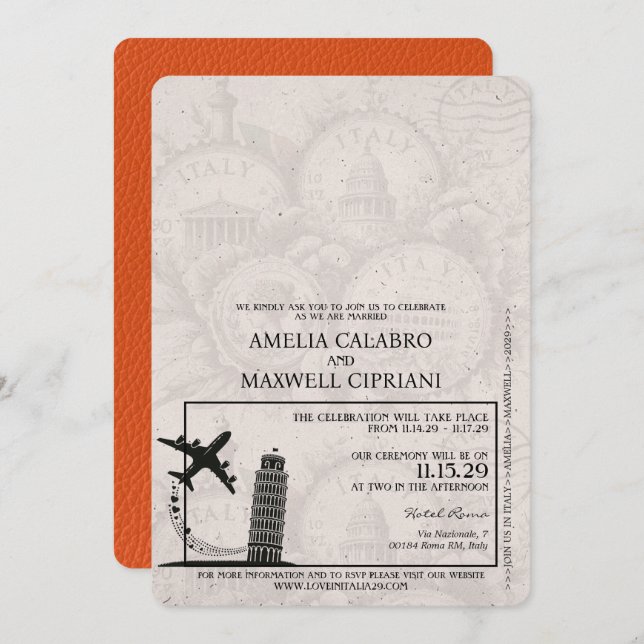 Orange Italy Passport Wedding Invitation (Front/Back)