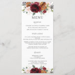 Orange Ivory Burgundy Floral Wedding Menu<br><div class="desc">Designed to co-ordinate with our Rustic Blooms wedding collection, this elegant wedding menu features a beautiful watercolor burgundy, burnt orange, blush, ivory white roses, hydrangeas, stocks and greenery arrangement. Personalise it with your wedding details easily and quickly, simply press the customise it button to further re-arrange and format the style...</div>