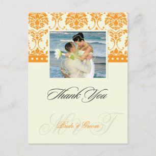 Orange + Ivory Damask Thank You Photo postcards, Postcard
