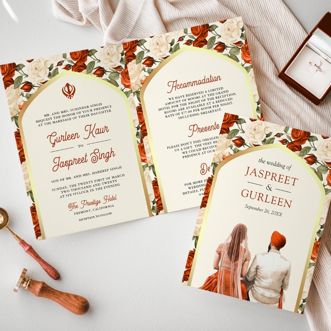 Orange Ivory Floral All in One Sikh Wedding Invitation (Creator Uploaded)