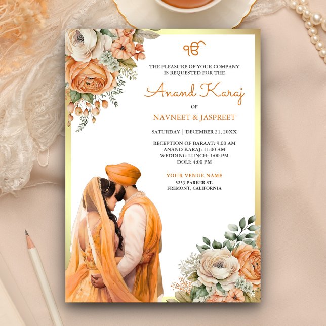 Orange Ivory Floral Anand Karaj Sikh Wedding Invitation (Creator Uploaded)