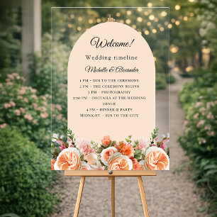 Orange ivory florals arch clear wedding program acrylic sign