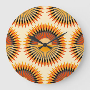 Orange Ivory Flowers Stars Pattern Large Clock