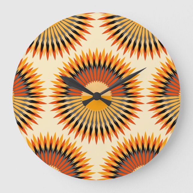 Orange Ivory Flowers Stars Pattern Large Clock (Front)