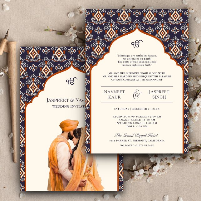 Orange Ivory Ikat Punjabi Anand Karaj Sikh Wedding Invitation (Creator Uploaded)