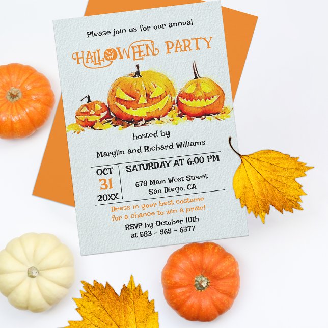 Orange Jack O Lantern Fall Leaves Halloween Party Invitation (Creator Uploaded)