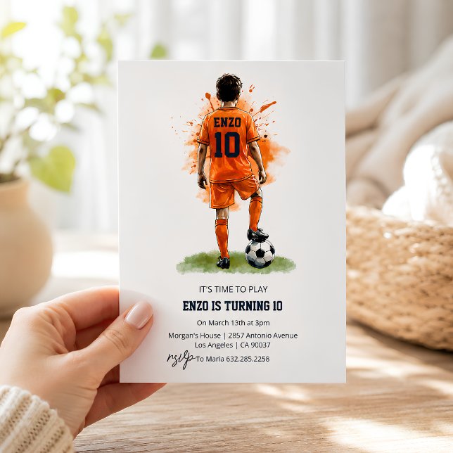 Orange Jersey Boy Back View Soccer Birthday Invitation (Creator Uploaded)