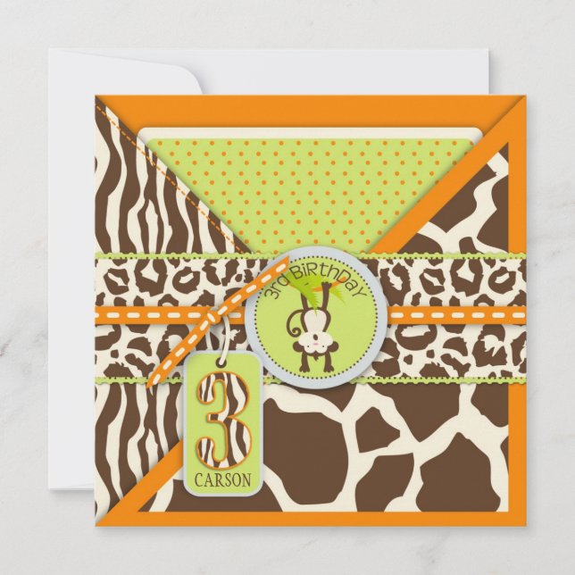 Orange Jungle Monkey Third Birthday Invitation (Front)