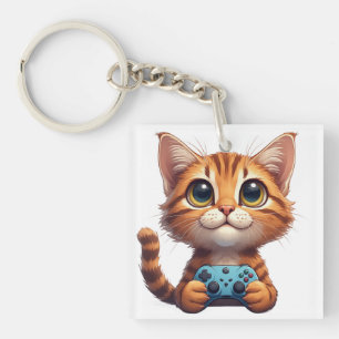 Orange Kitten Holding Game Controller Gamer Cat Key Ring