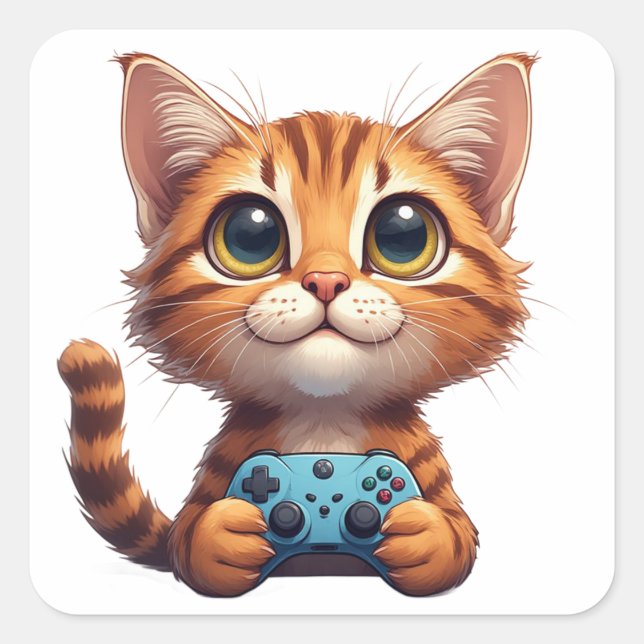Orange Kitten Holding Game Controller Gamer Cat Square Sticker (Front)