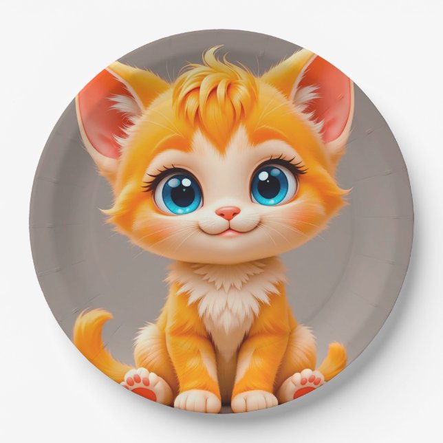 🐱 Orange Kitten Paper Plates Cute Party Tableware (Front)