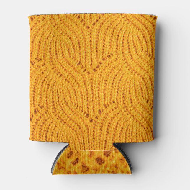 Orange knitted sweater, textured background. can cooler (Front)