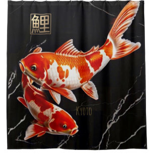 Orange Koi Fish Black Marble Gold Shower Curtain