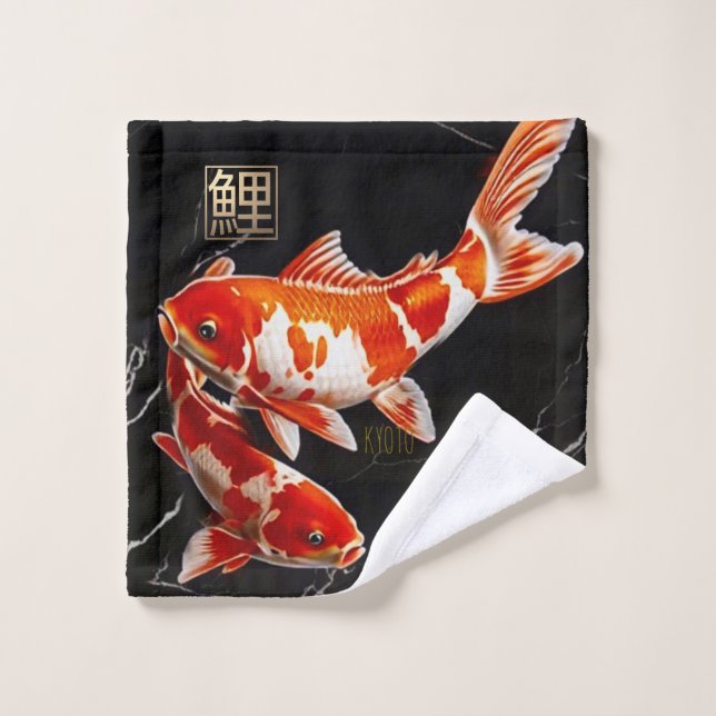 Orange Koi Fish Black Marble|Gold Wash Cloth (Wash Cloth)