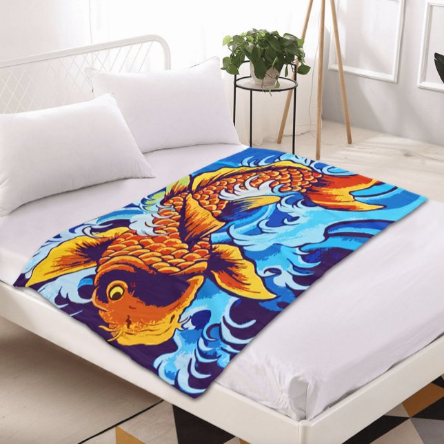 Orange Koi Fish Blue Fleece Blanket (Creator Uploaded)