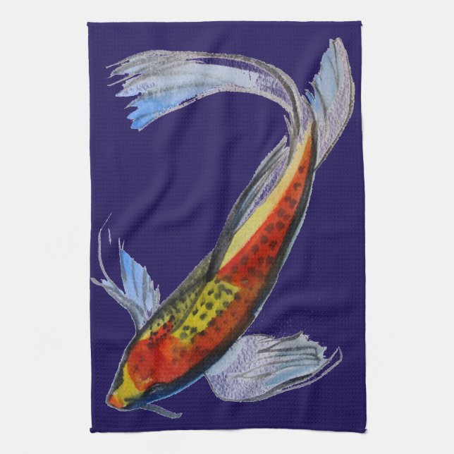 Orange Koi Japanese watercolour carp art Tea Towel (Vertical)