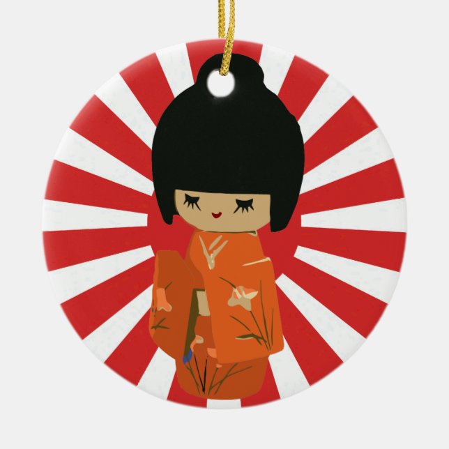 Orange Kokeshi customisable text Pendant Ornament (Front)