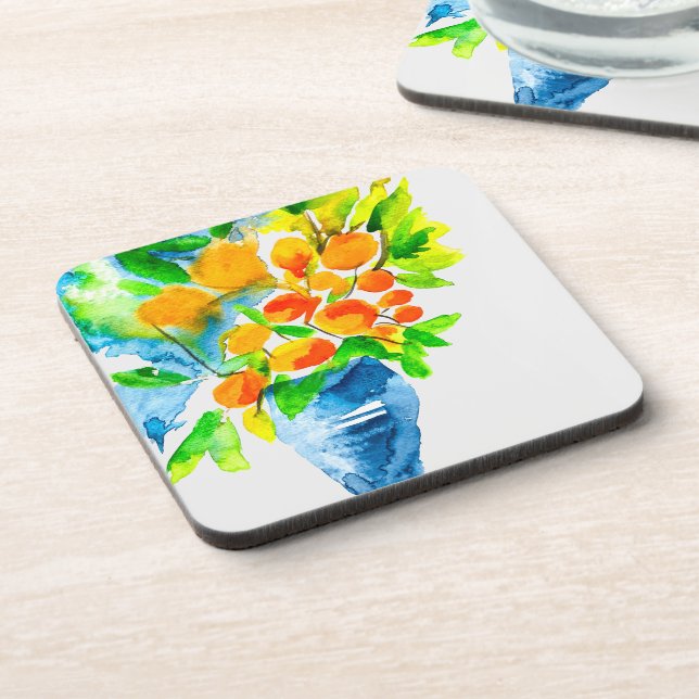Orange kumquat fruit art watercolor coaster (Left Side)