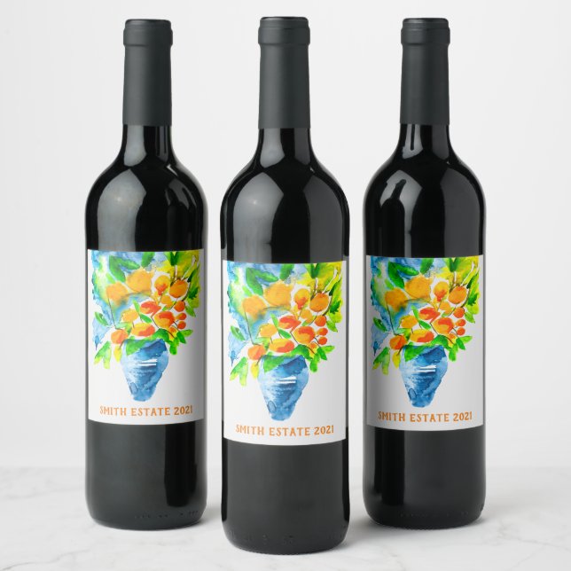 Orange kumquat fruit art watercolor wine label (Bottles)