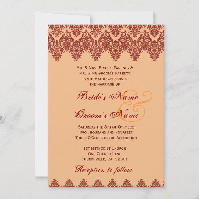 Orange Lace Damask Wedding Premium Gold Metallic Invitation (Front)