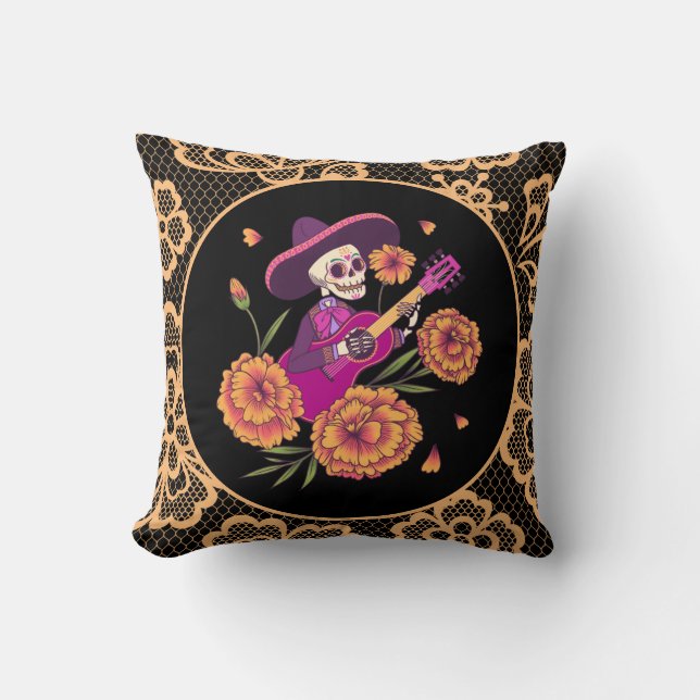 Orange Lace & Floral Sugar Skeleton Skull Gothic Cushion (Front)