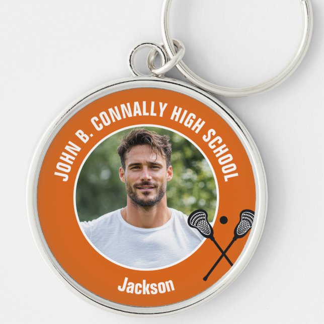 Orange Lacrosse Player Photo High School Key Ring (Front)
