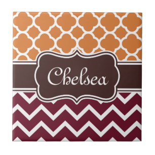 Orange Lattice Maroon Chevron Patterns Brown Name Tile