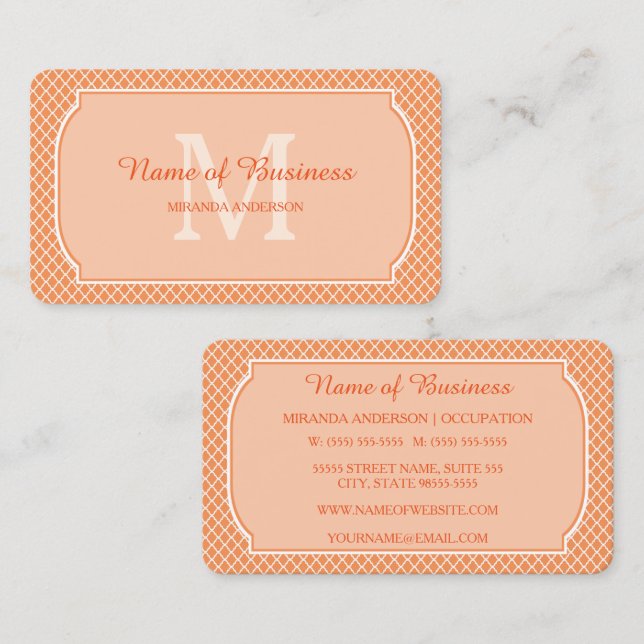 Orange Lattice Monogram Name Business Card (Front/Back)