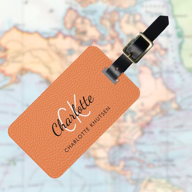 Orange leather monogram name luggage tag (Creator Uploaded)