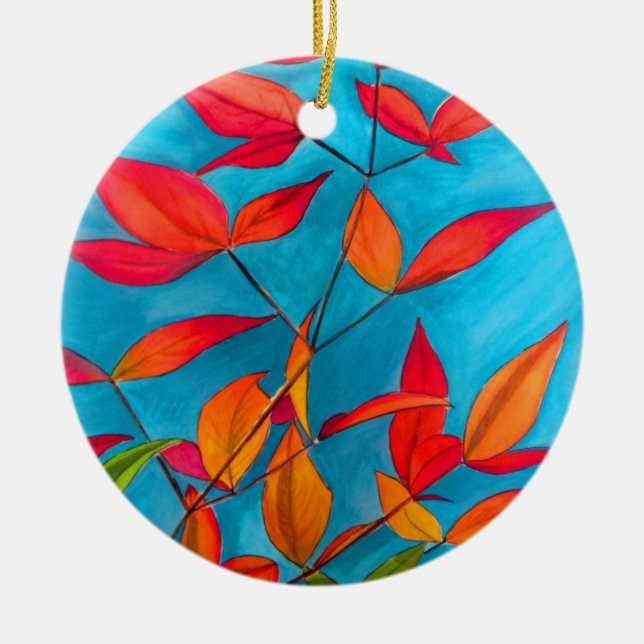 Orange leaves Autumn original watercolour art Ceramic Tree Decoration (Front)