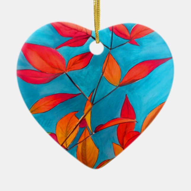 Orange leaves Autumn original watercolour art Ceramic Tree Decoration (Front)