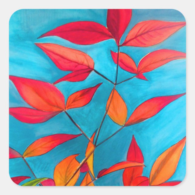 Orange leaves Autumn original watercolour art Square Sticker (Front)
