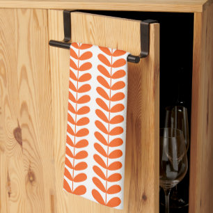 Orange Leaves On Plant Retro Mid Century Pattern Tea Towel