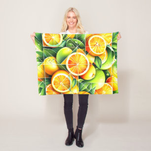 Orange Lemon Botanical Citrus Geometric Fleece Blanket