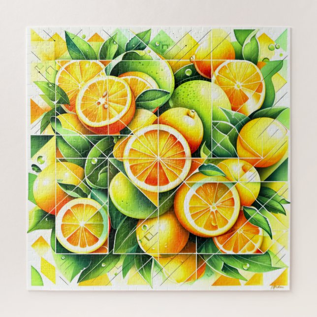 Orange Lemon Botanical Citrus Geometric Jigsaw Puzzle (Vertical)