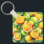Orange Lemon Botanical Citrus Geometric Key Ring<br><div class="desc">Geometric fresh oranges and lemons surrounded by lush green leaves.</div>