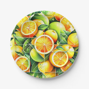 Orange Lemon Botanical Citrus Geometric Paper Plate