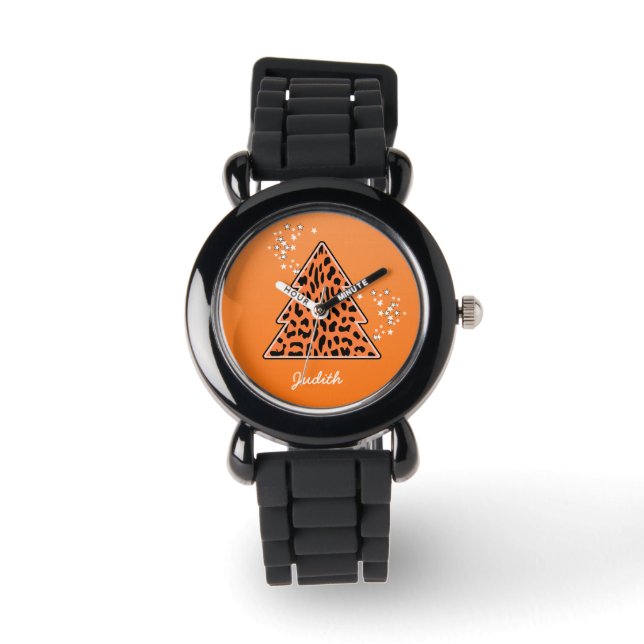 Orange Leopard Cheetah Christmas Tree Watch (Front)