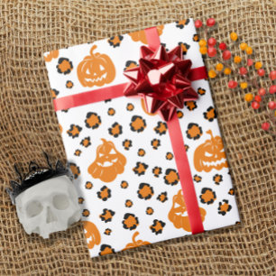 Orange Leopard Print Pumpkin Pattern Hallowen Wrapping Paper