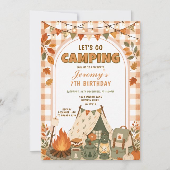 Orange Let's Go Camping Birthday Outdoor Adventure Invitation (Front)