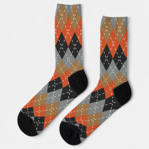 Orange Light Grey Tan Off Black Argyle Socks