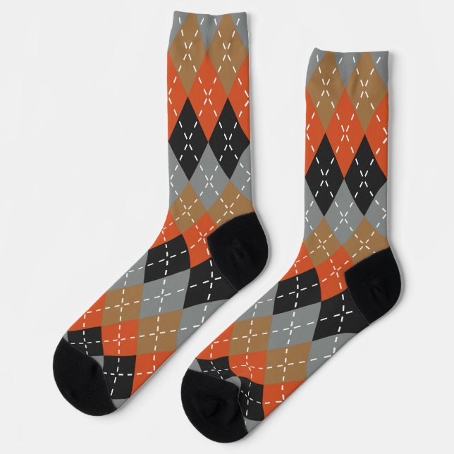 Orange Light Grey Tan Off Black Argyle Socks (Left)