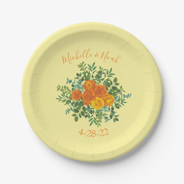 Orange & Light Yellow Peony & Rose Floral Wedding Paper Plate (Front)